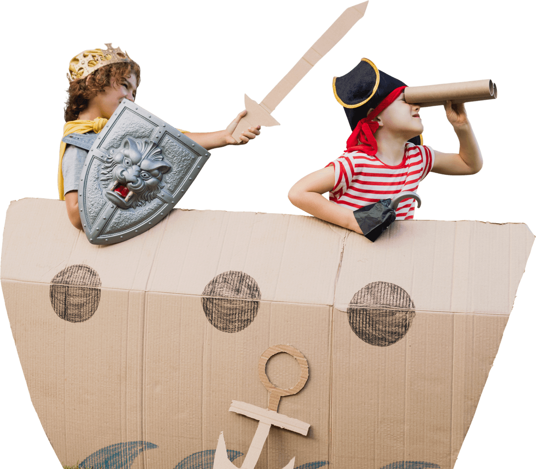 Imaginative Kids Playing Pirate and Viking on Cardboard Ship Adventure