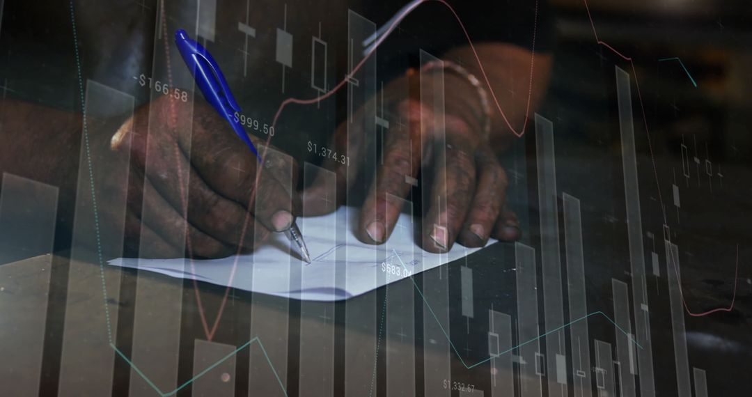 Businessman Analyzing Data with Pen and Paper Amid Financial Graphics