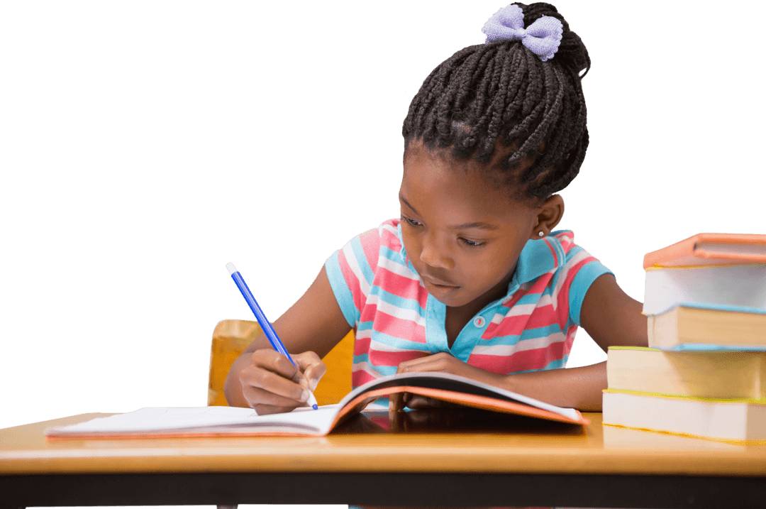 Focused Young Student Writing at Transparent School Desk