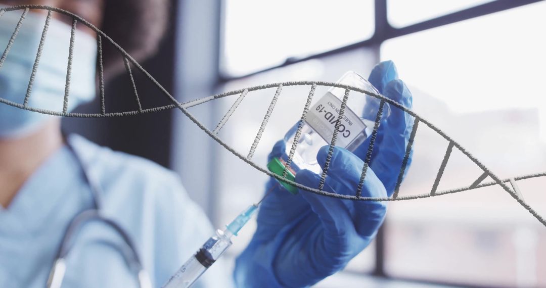 Doctor Handling Vial with Floating DNA Helix Overlay