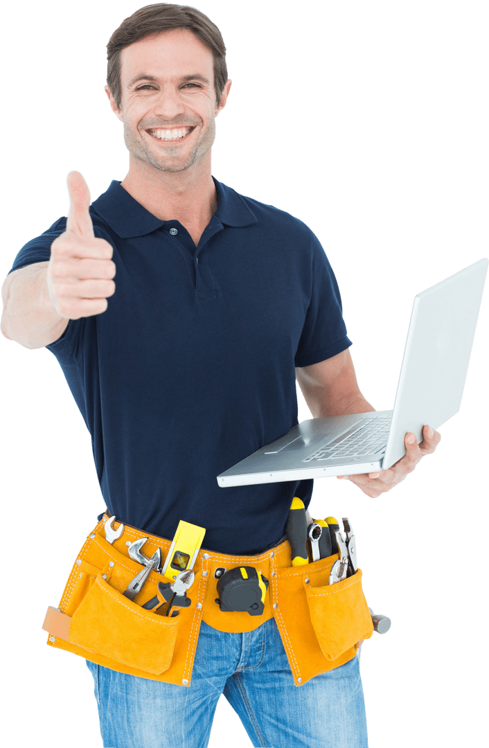 Smiling Worker with Laptop and Thumbs Up Gesture Transparent Background