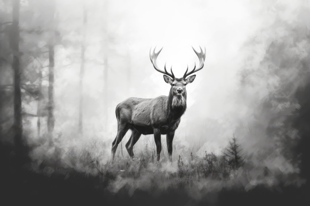 Majestic Deer Stands Amidst Misty Forest Landscape in Black and White - Free Images, Stock Photos and Pictures on Pikwizard.com