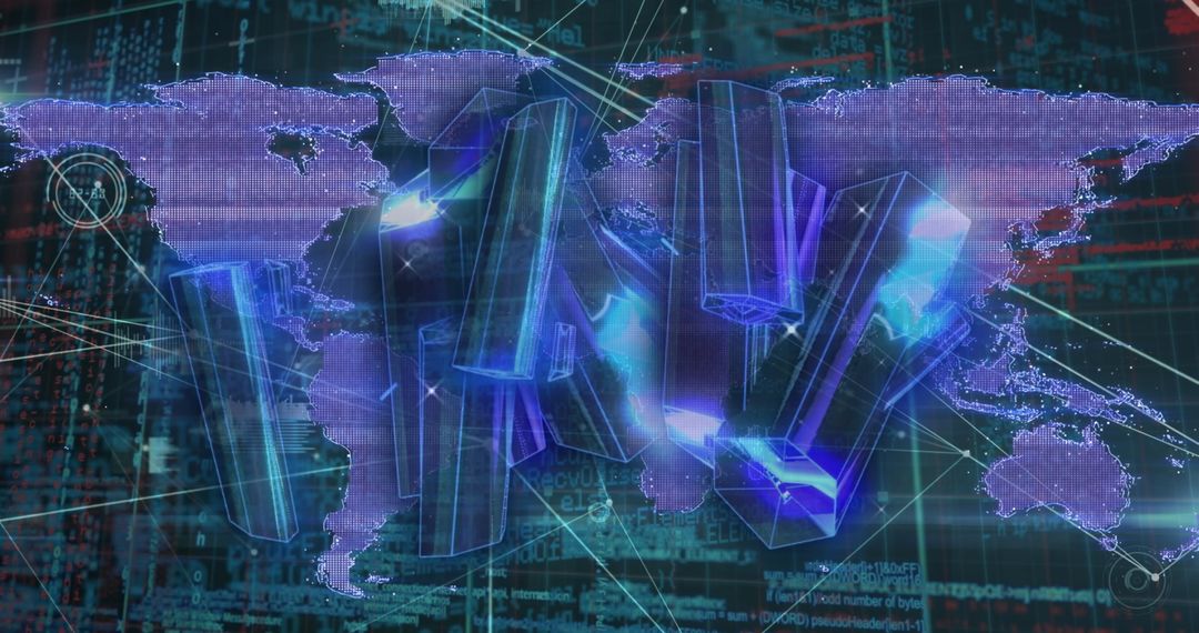 Futuristic World Map with Glowing Analytics Data Center