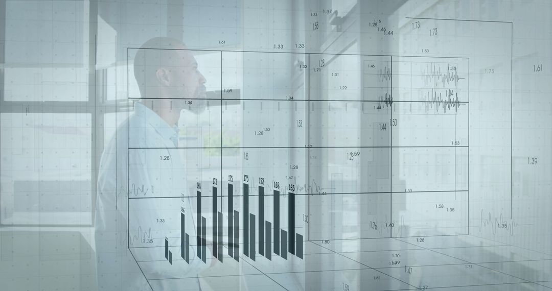 Data Analyst Creating Futuristic Virtual Bar Charts in Modern Office
