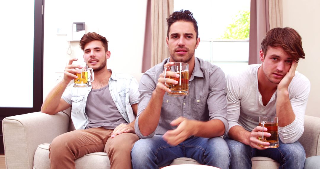 Group of Young Men Watching Game Drinking Beers at Home - Free Images, Stock Photos and Pictures on Pikwizard.com