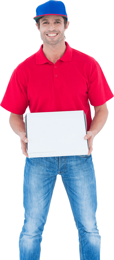 Transparent Smiling Delivery Man Holding Pizza Box in Uniform