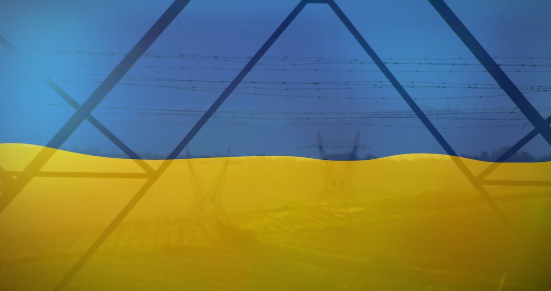 Ukrainian Flag Overlay with Power Lines and Field Symbolizing Crisis