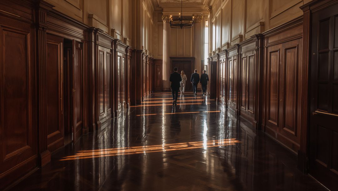 Executives walking in grand mahogany corridor with sunlight reflections and chandeliers