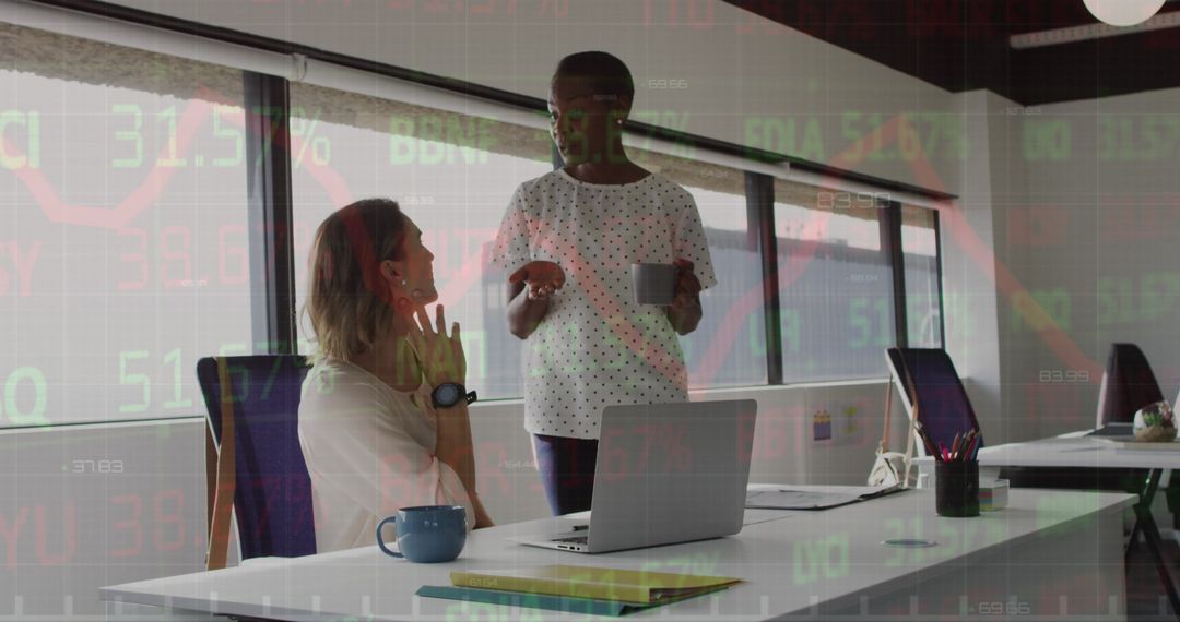 Diverse Team Collaborating in Modern Office with Financial Overlay