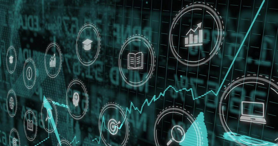 Teal Futuristic Data Dashboard with HUD Icons and Rising Dotted Line Graph for Analytics