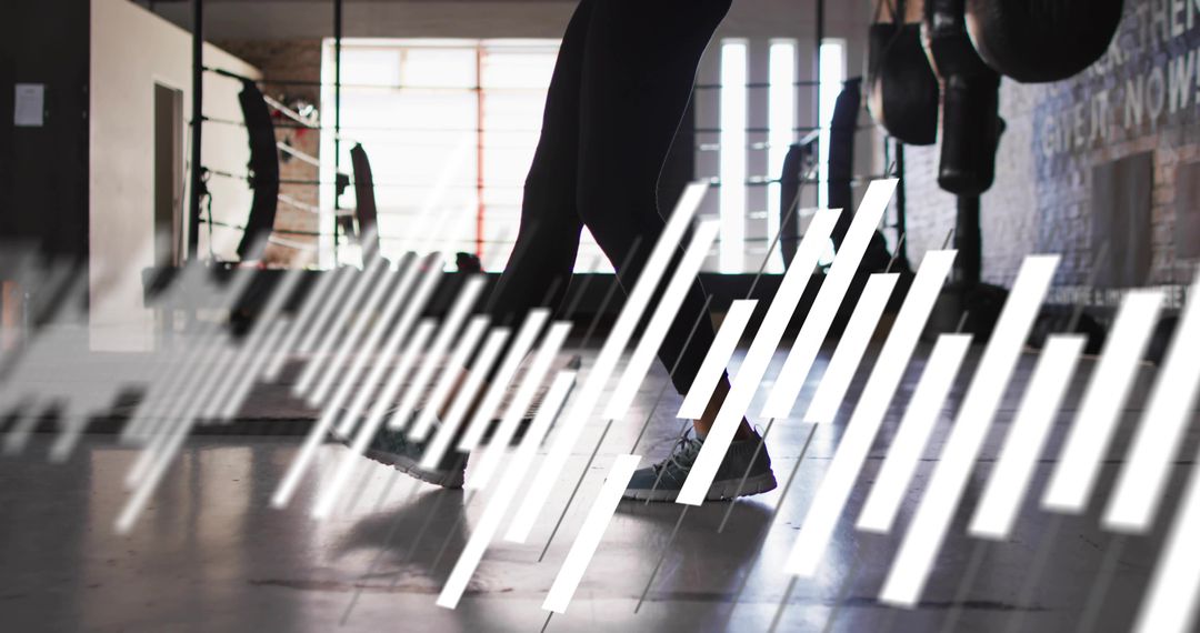 Woman stepping across boxing gym floor with dynamic waveform overlay, fitness motion