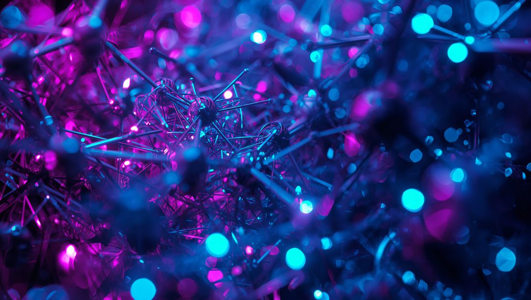 Neon Network of Metallic Rods and Glowing Spheres in Digital Space