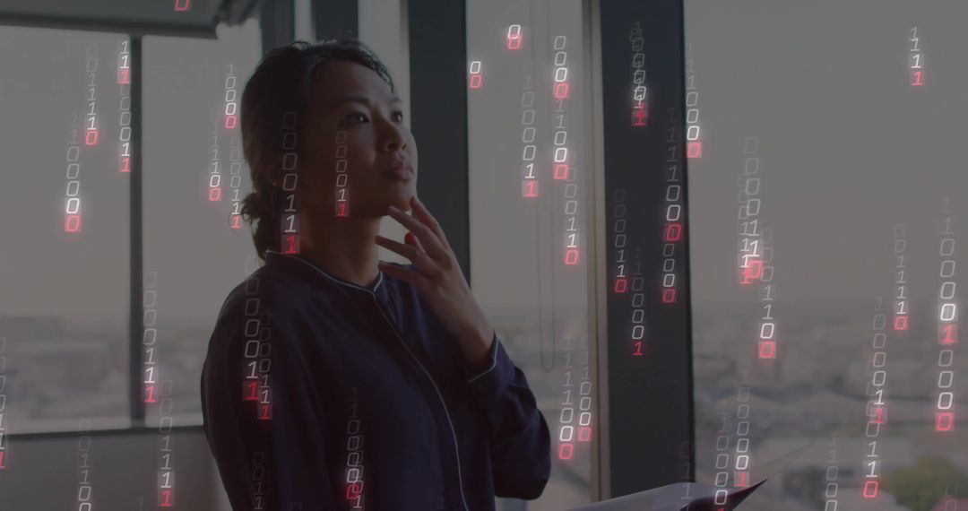 Businesswoman with Binary Code in Modern Office Environment