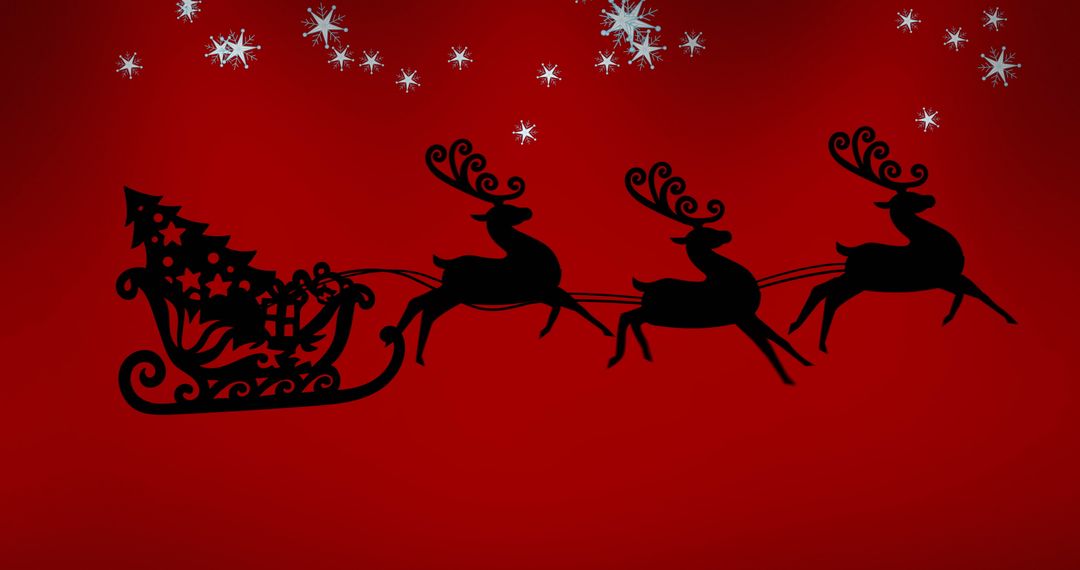 Festive Reindeer and Sleigh Silhouettes with Snowflakes on Red