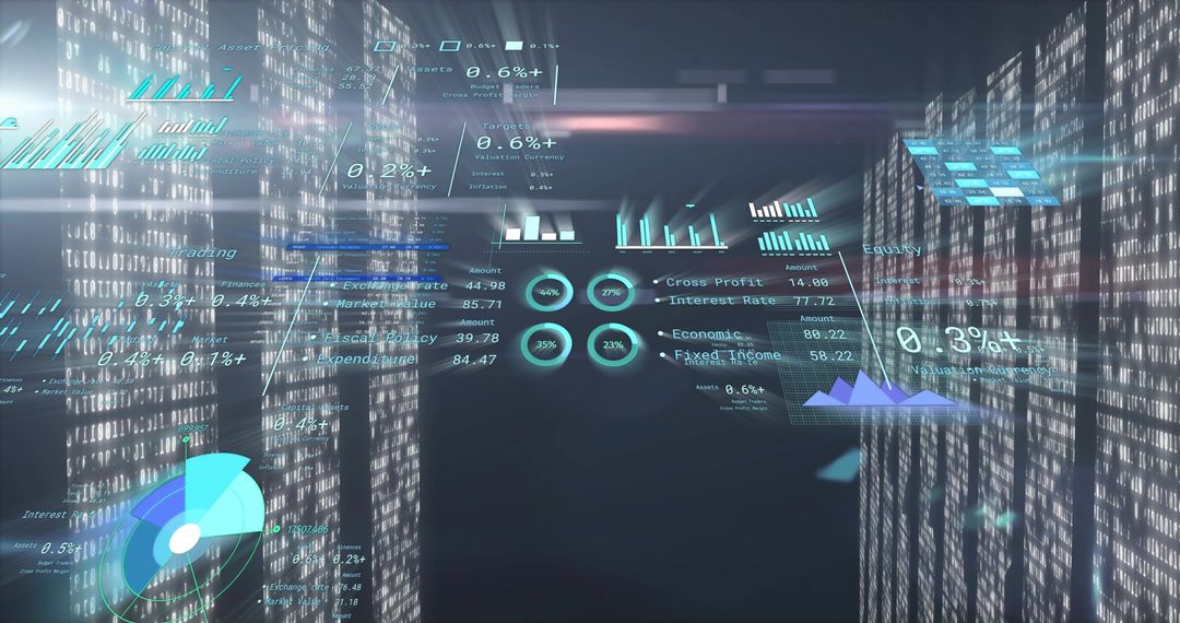 Floating Holographic Data Dashboard Displaying Charts Above Server Racks in Cyberpunk Corridor