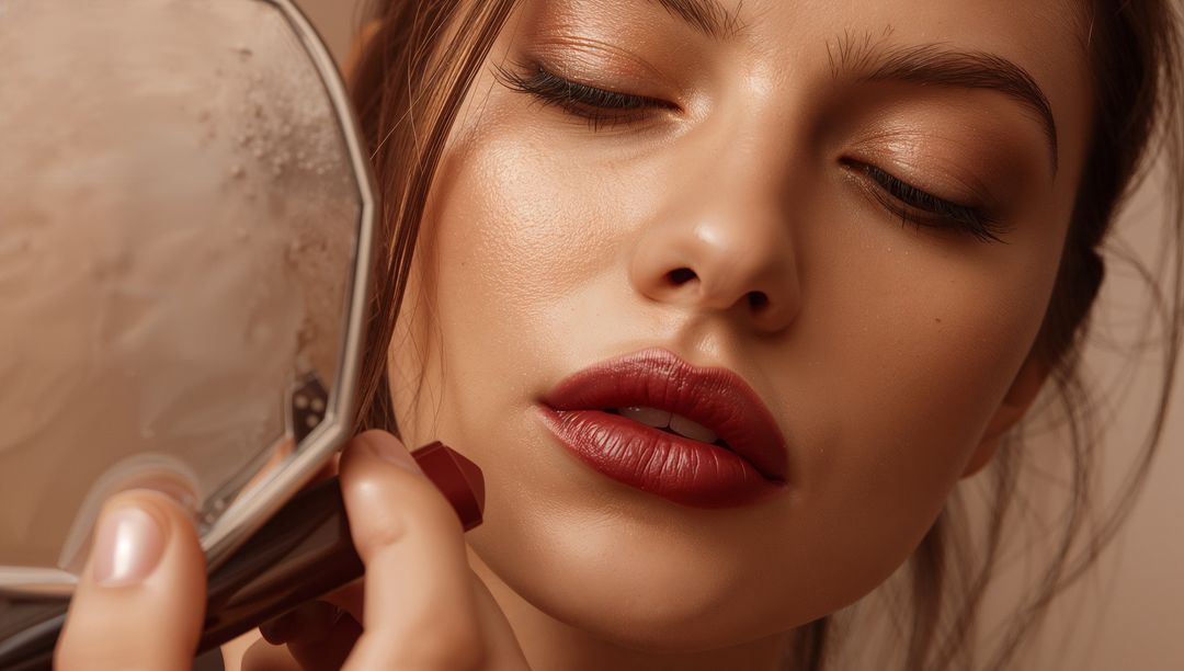 Glamorous Woman with Red Lips Holding Smudged Mirror