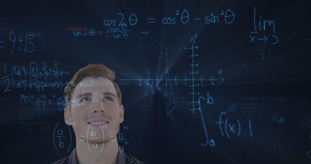 Man Contemplating Mathematical Equations and Graphs