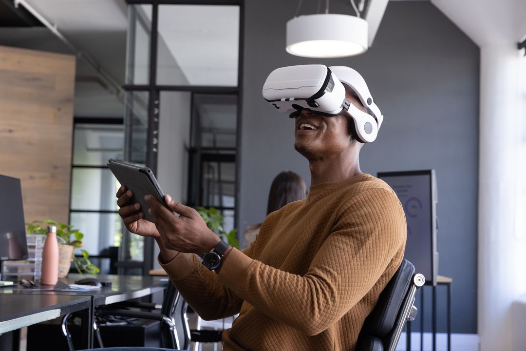 Man Embracing Virtual Reality with VR Headset in Modern Office