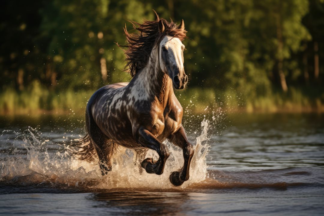 Brown horse galloping in water on sunny day, created using generative ai technology - Free Images, Stock Photos and Pictures on Pikwizard.com