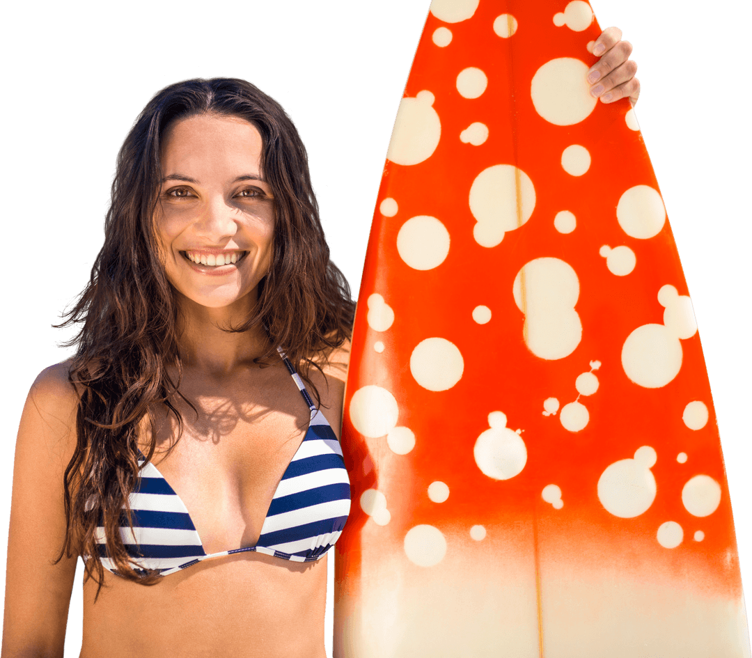 Smiling Woman Holding Surfboard on Transparent Background