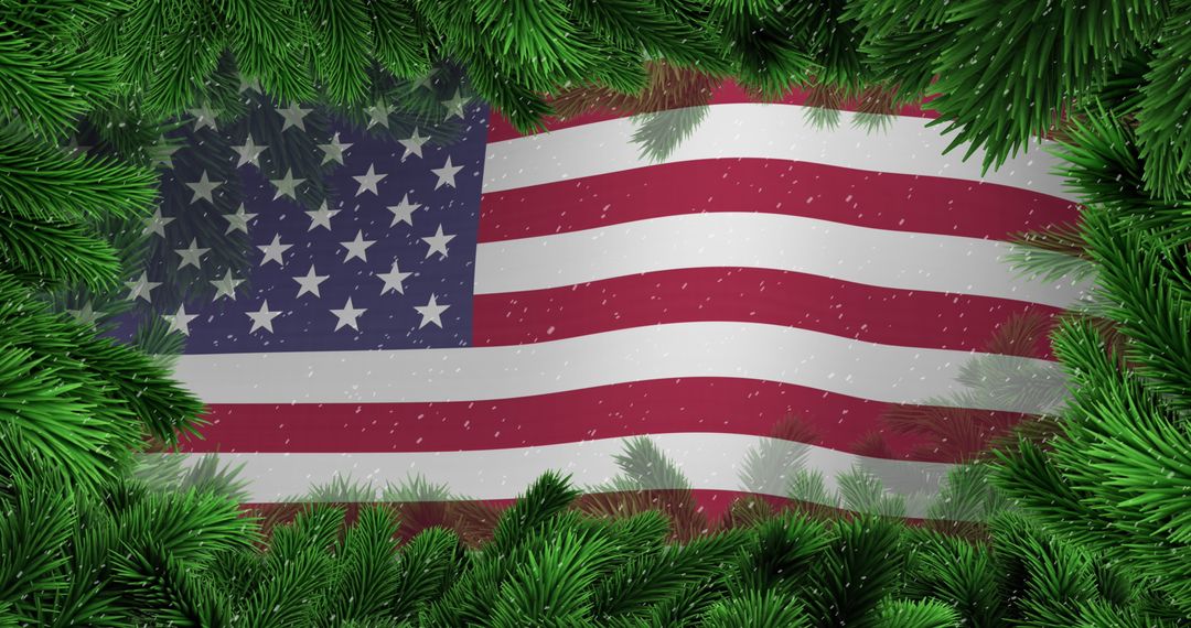 USA Flag Framed by Christmas Tree Branches with Falling Snow
