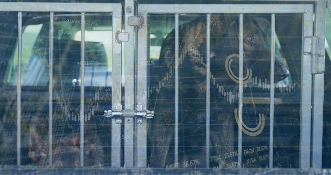 Dog in Vehicle Crate with Overlay of Financial Market Charts