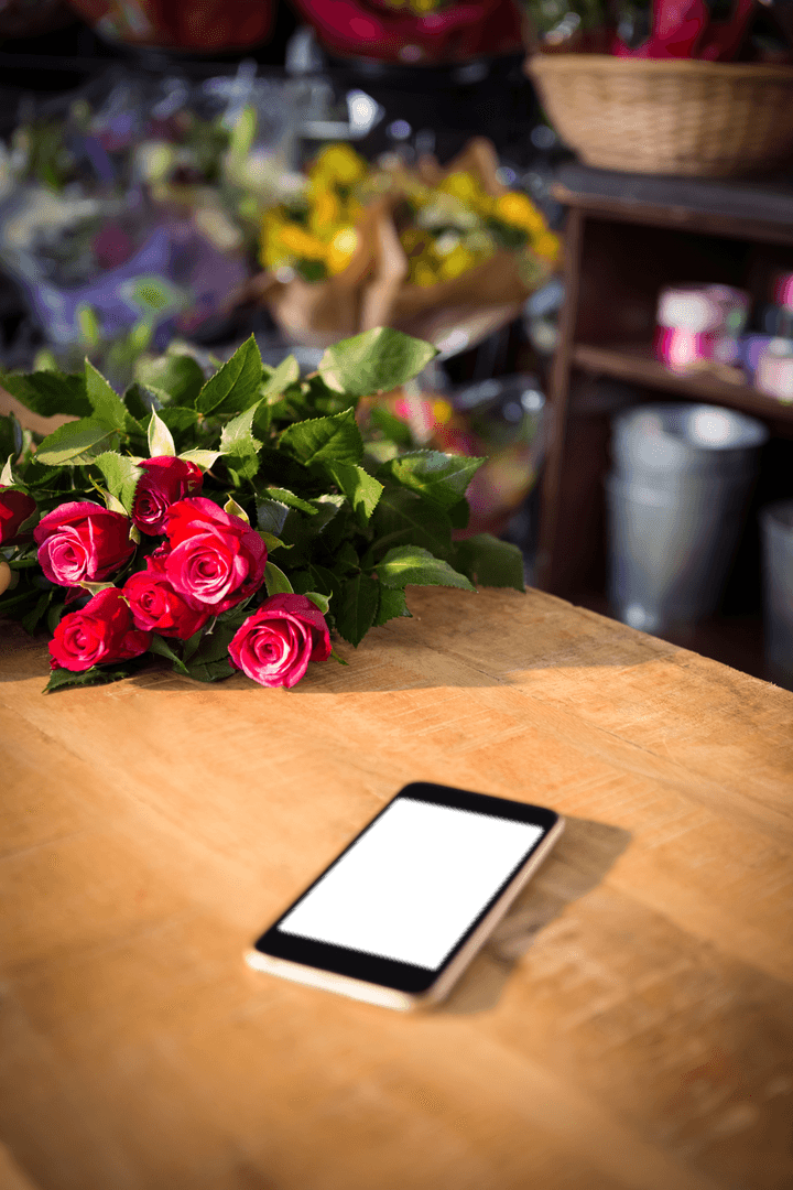 Transparent Smartphone and Red Roses on Flower Shop Table