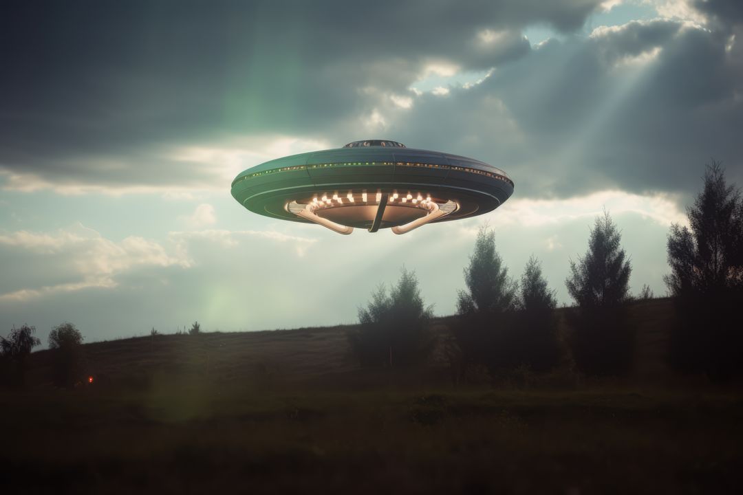 Lit ufo hovering above field, created using generative ai technology - Free Images, Stock Photos and Pictures on Pikwizard.com