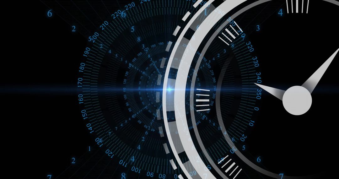 Futuristic Clock Overlay on Digital Data Stream