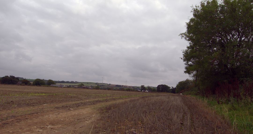 Overcast Countryside with Bare Fields and Distant Wind Turbines - Free Images, Stock Photos and Pictures on Pikwizard.com