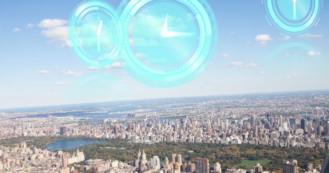 Digital Clocks Overlaying Iconic Cityscape Symbolizing Time Management