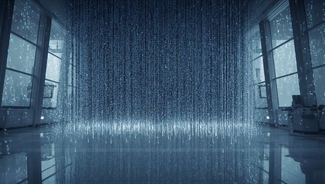 Futuristic LED Data Curtain Streaming in Minimal Gallery with Reflective Polished Floor