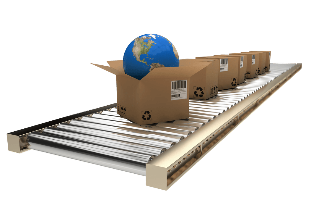 Transparent Globe in Cardboard Box Moving on 3D Conveyor Belt