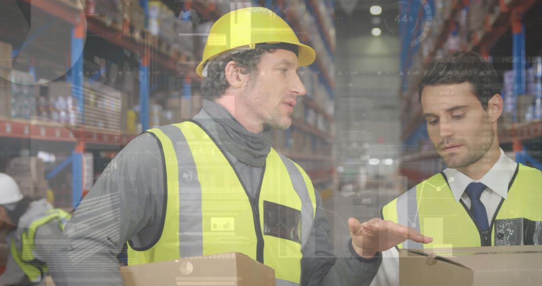 Warehouse Workers Analyzing Data in High-Tech Facility