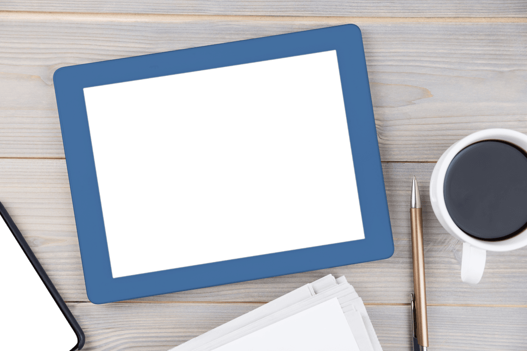 Transparent Tablet on Wooden Office Desk with Coffee and Notebook