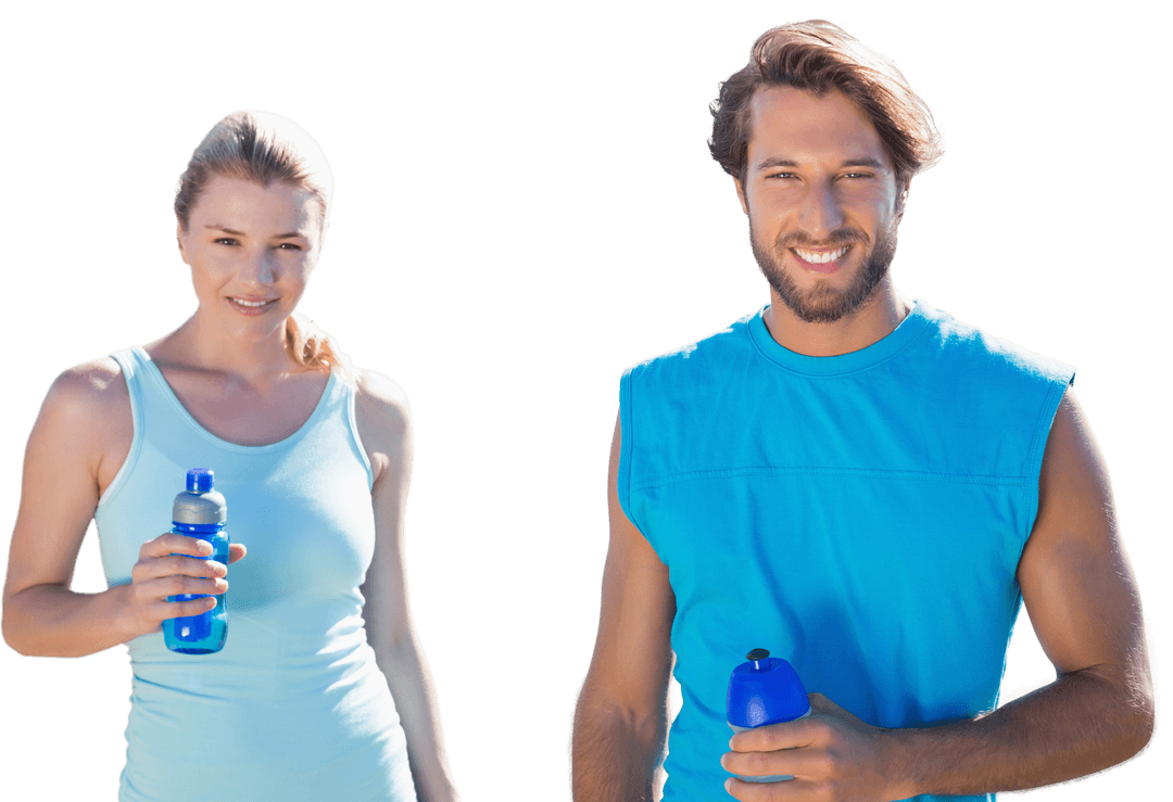 Active Sports Couple with Water Bottles on Transparent Background