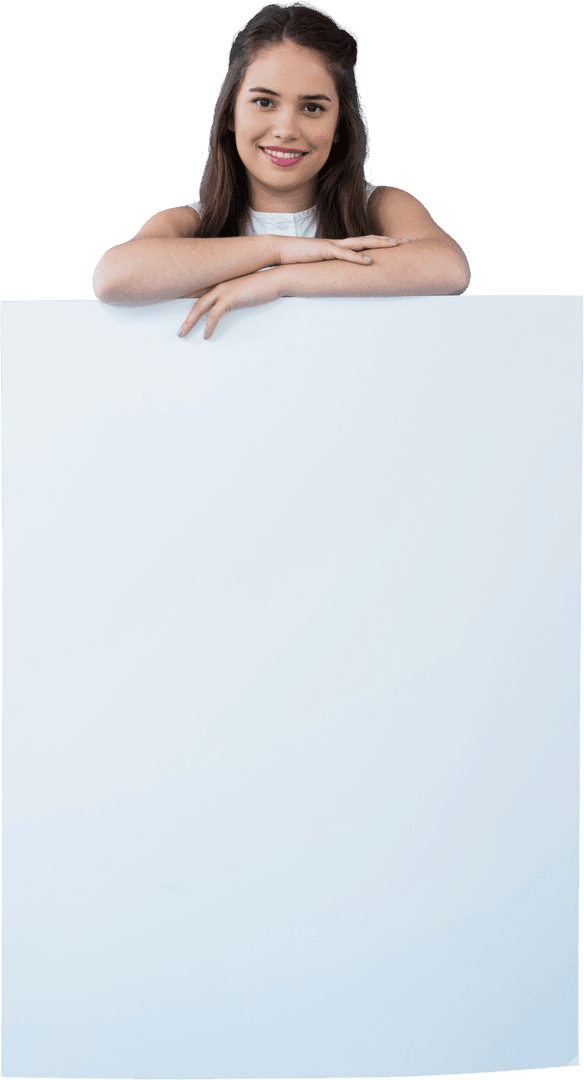 Smiling Woman Holding Blank Cardboard on Transparent Background