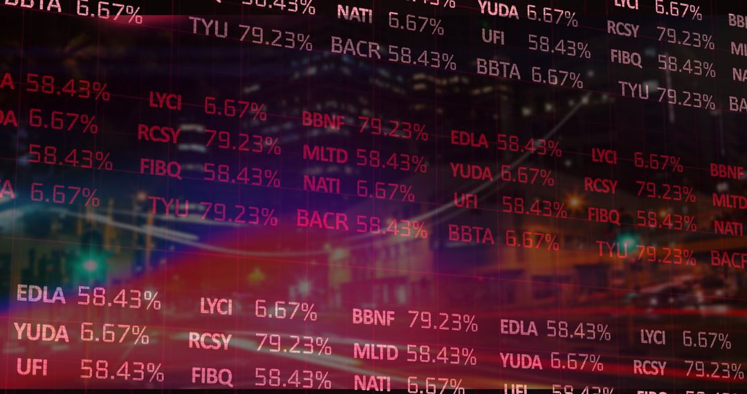 Nighttime City Street with Scrolling Stock Ticker Overlay