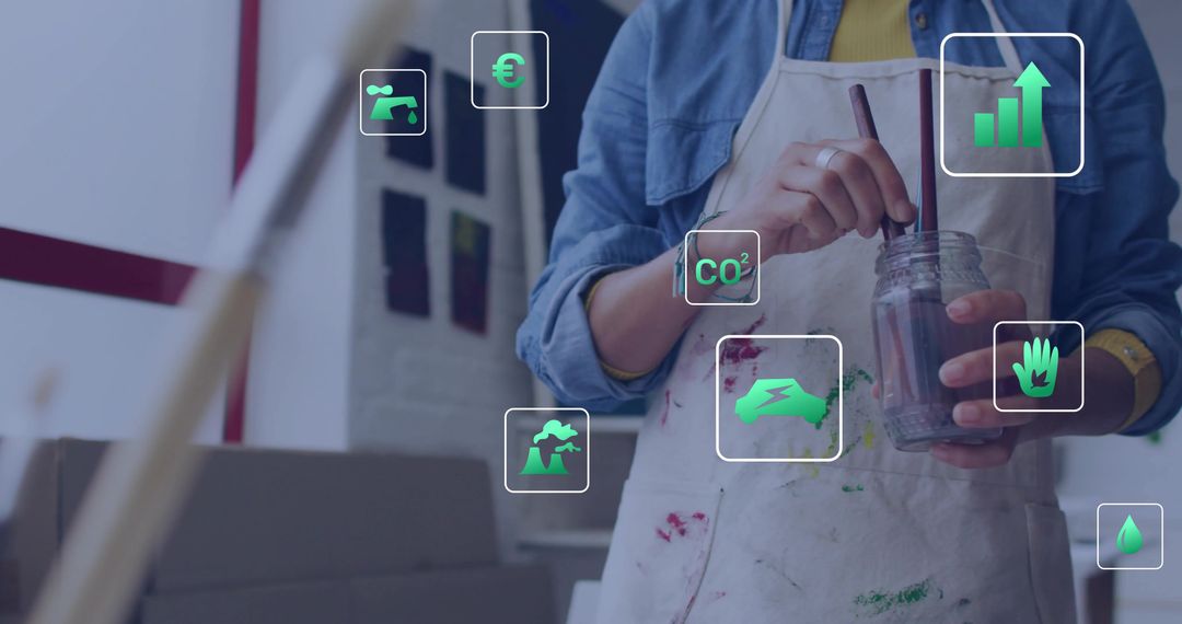 Artist Stirring Paint with Sustainable Conceptual Overlays