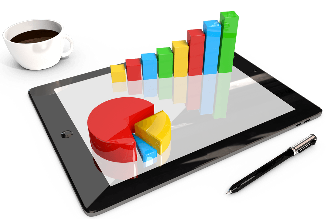 Colorful 3D Bar and Pie Charts on Transparent Tablet