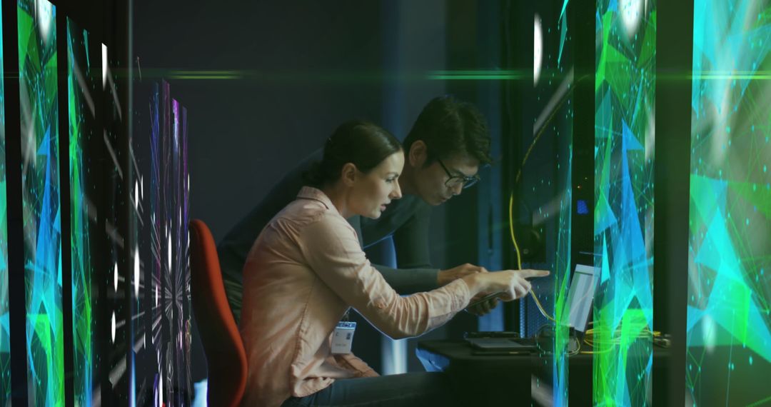 Diverse Technicians Analyzing Data on Laptop in Modern Server Room
