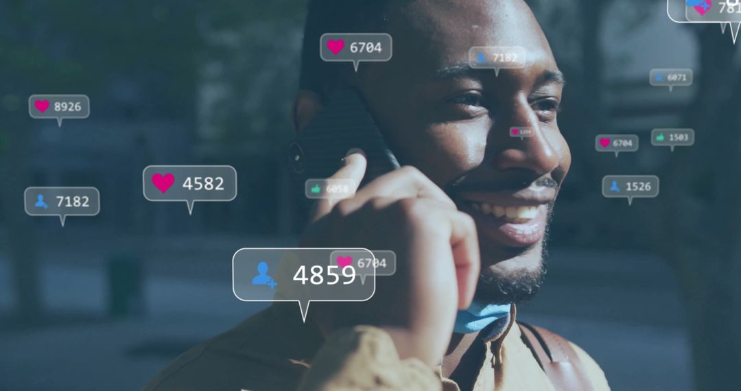 Social Media Engagement Overlays With Man Using Smartphone