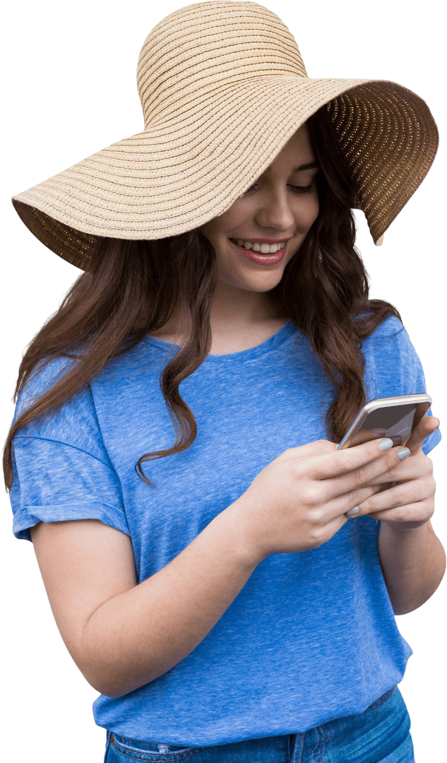Caucasian Woman with Hat Using Smartphone on Transparent Background