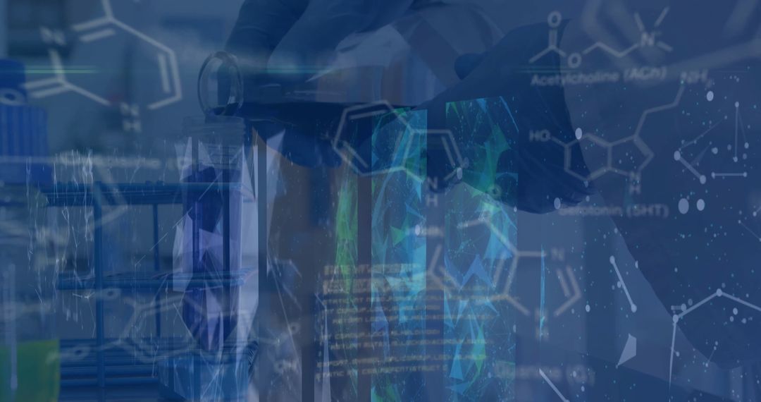 Caucasian Scientist Handling Laboratory Beaker with Chemical Formulas Overlay