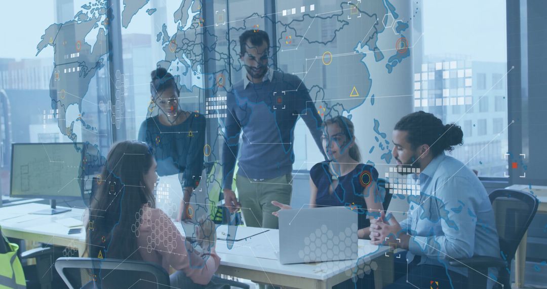 Diverse Business Team Collaborating on Global Data Analytics in Modern Office