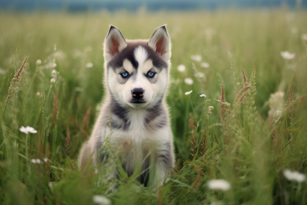 Portrait of cute siberian husky puppy in meadow, created using generative ai technology - Free Images, Stock Photos and Pictures on Pikwizard.com