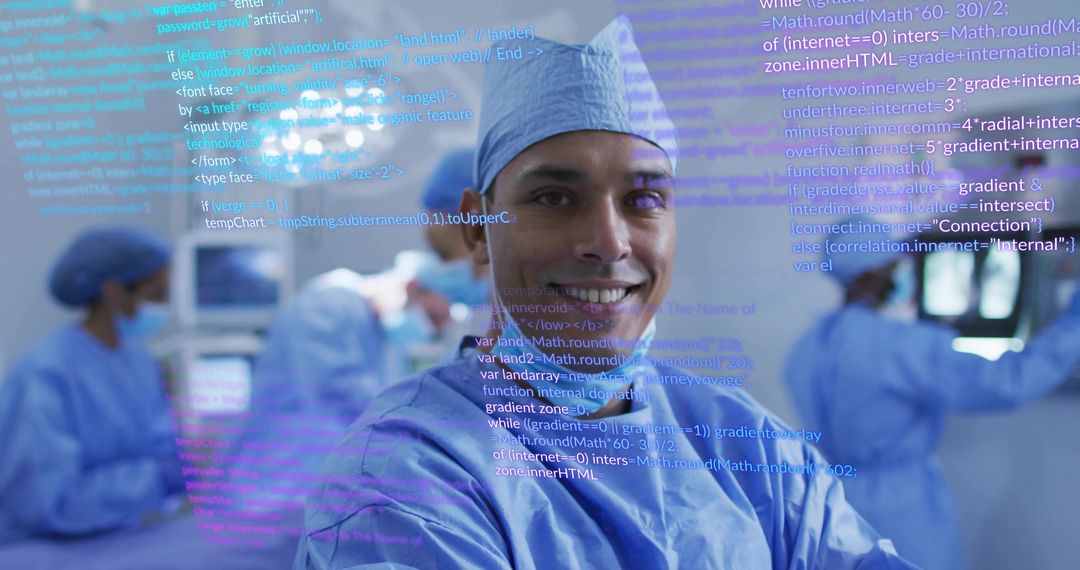 Hispanic surgeon smiling in operating room while code overlay blending medical technology