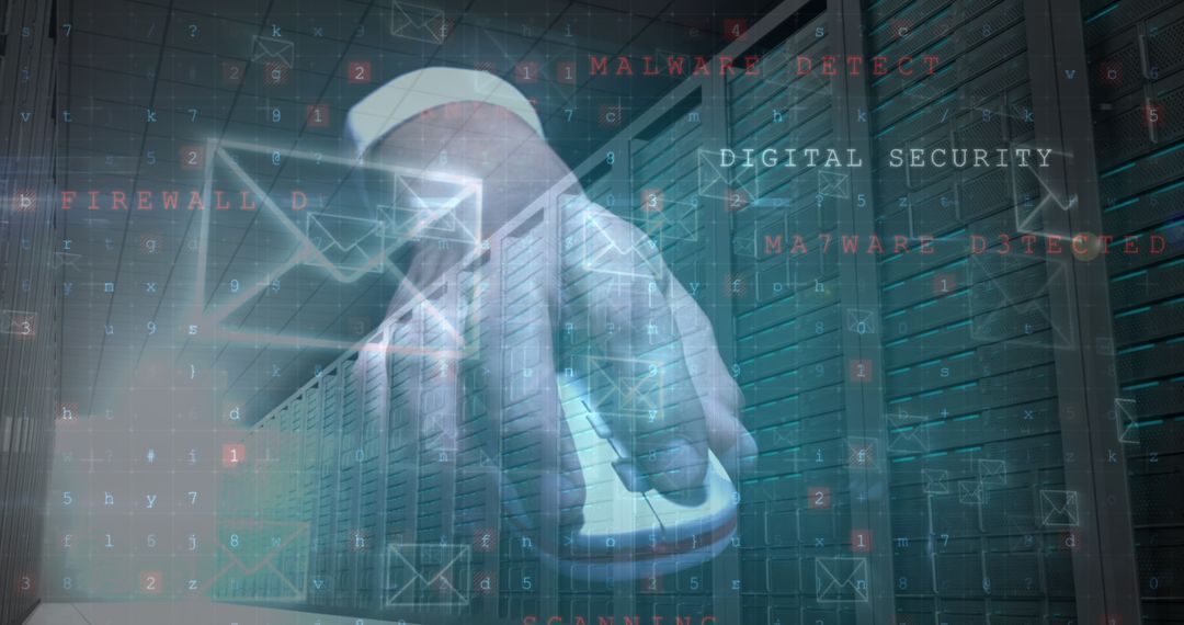 Hand on Mouse in Server Room with Digital Security Overlay