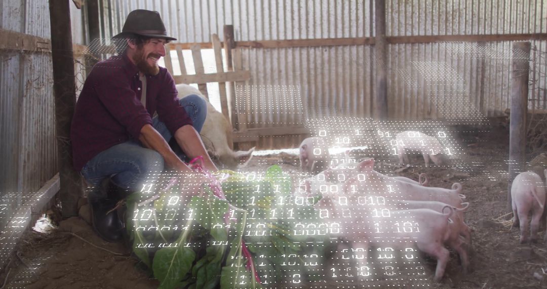 Caretaker Feeding Piglets with Digital Technology Overlay