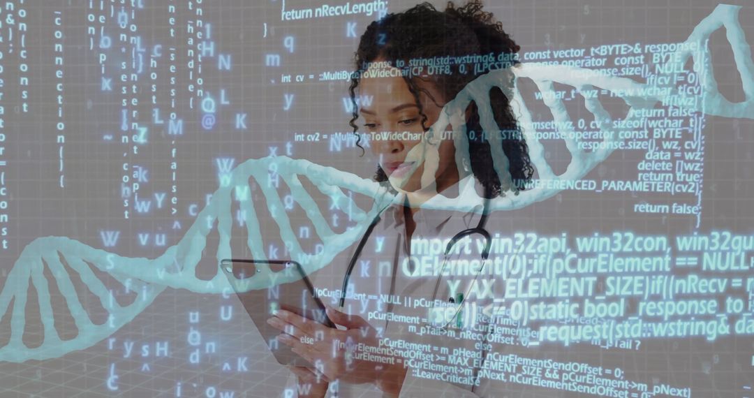 Doctor Analyzing DNA using Smartphone in Futuristic Lab